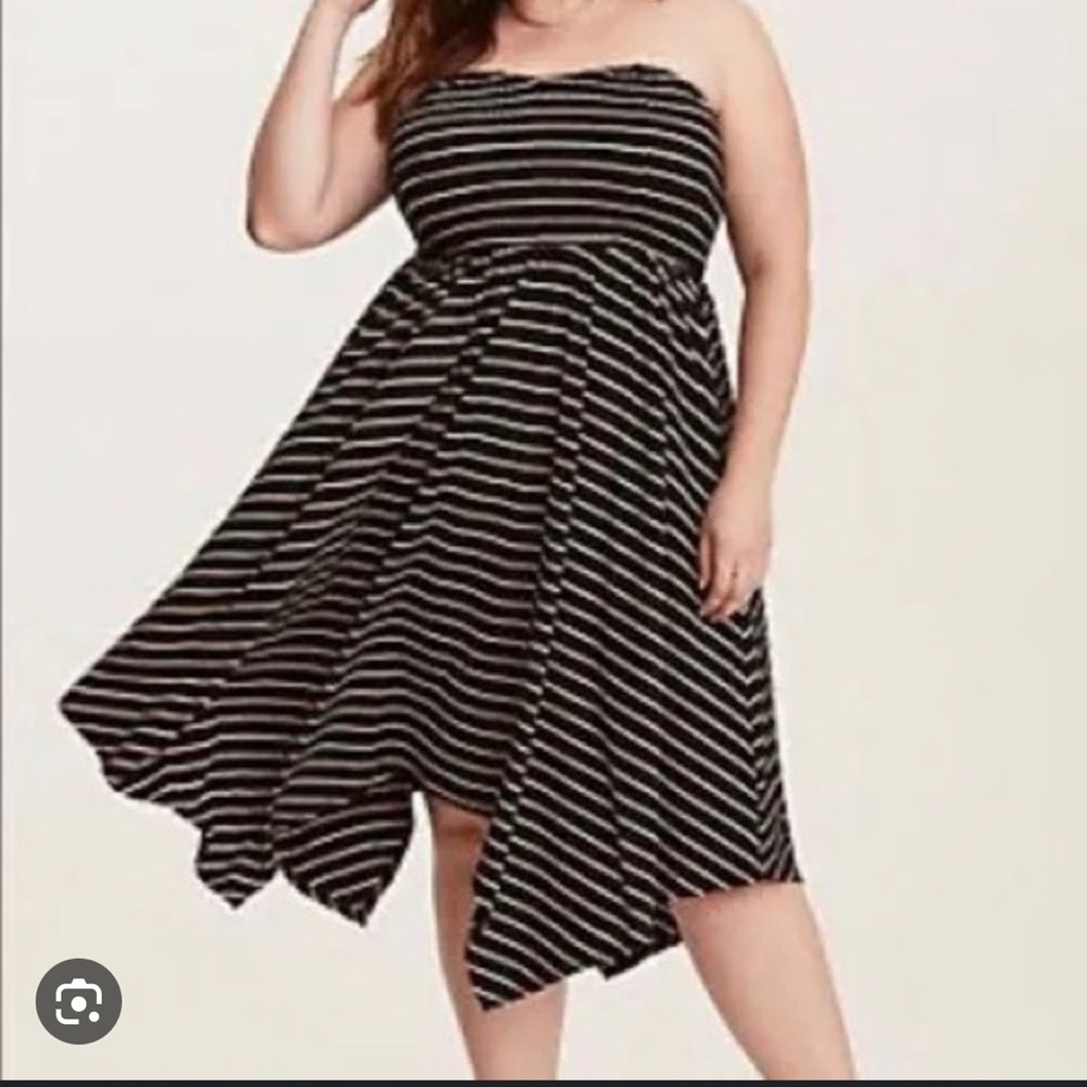 Torrid strapless pink and black stripped dress